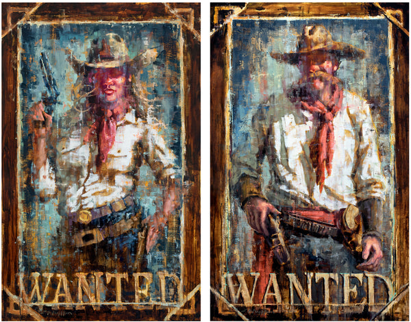 Jerry Markham artist original oil paintings of wanted posters man and woman - cowboy art and cowgirl art, western art paintings - Wrong Side of the Law 