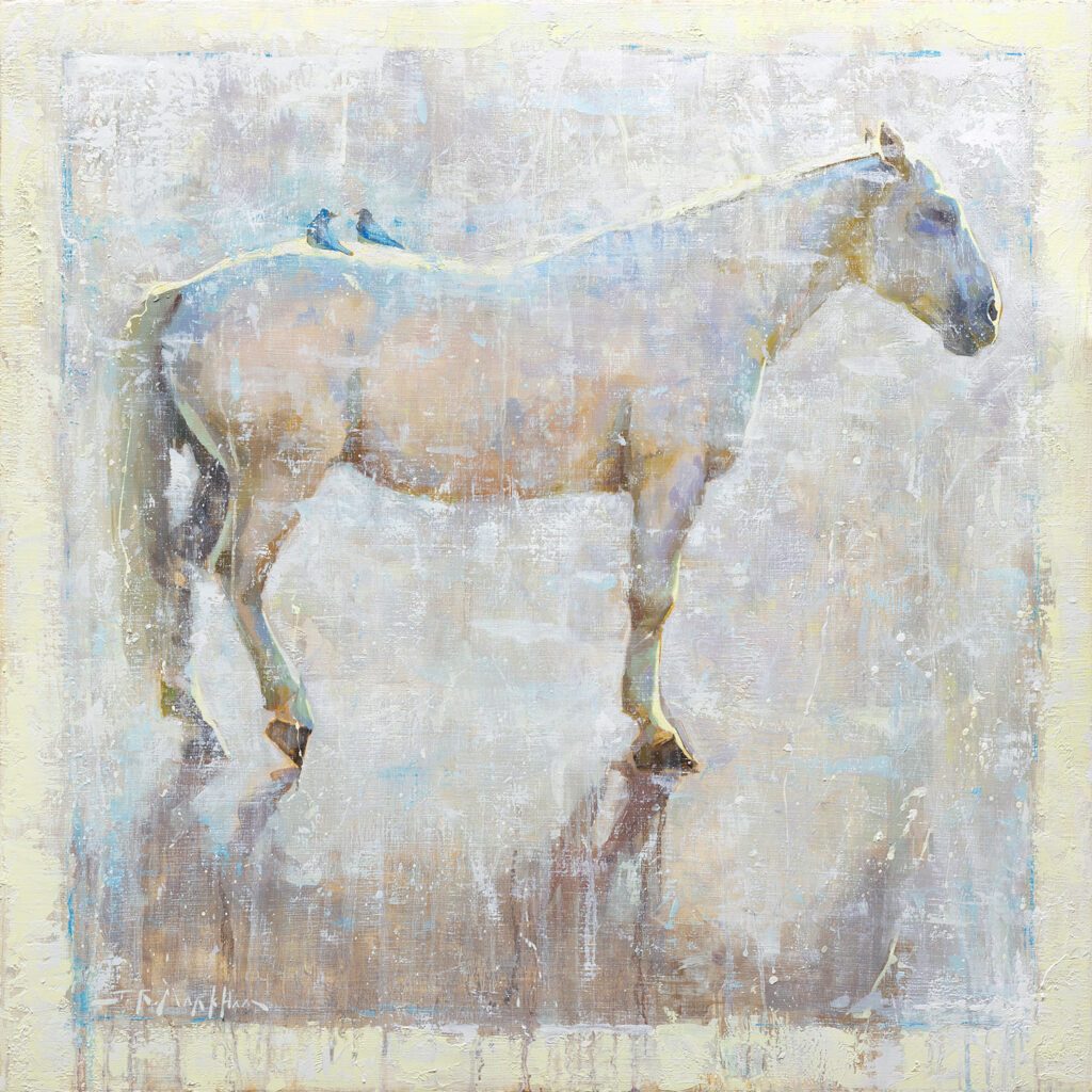 Back Talk - painting of a white horse with blue birds by Jerry Markham artist