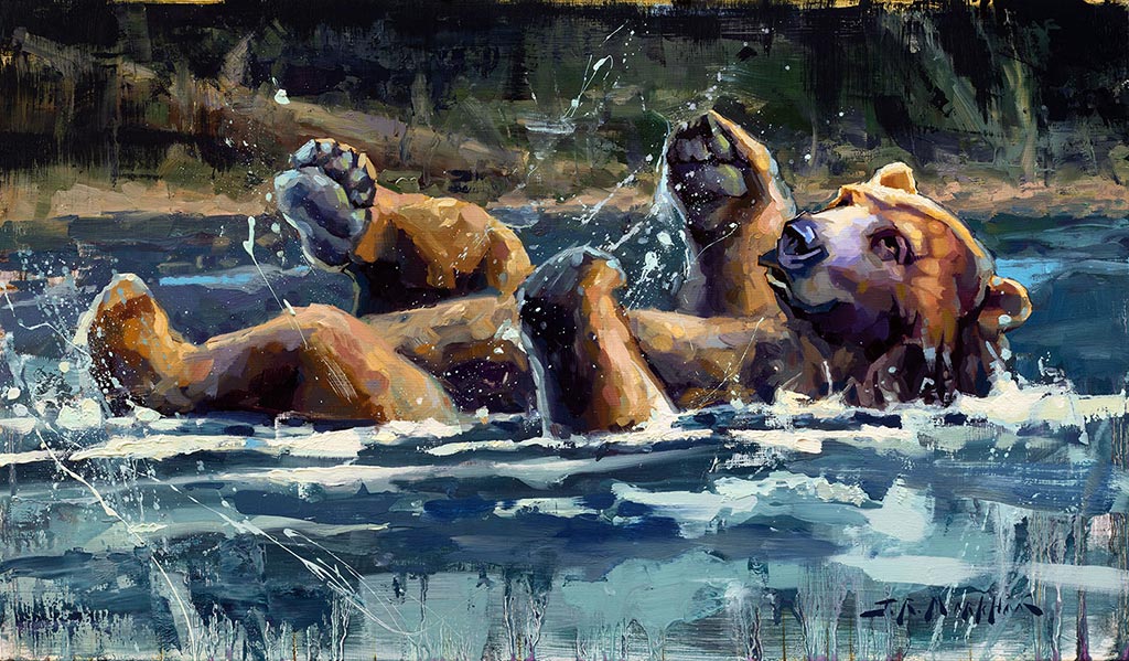 Bear Backstroke painting of a grizzly bear in water by Jerry Markham artist