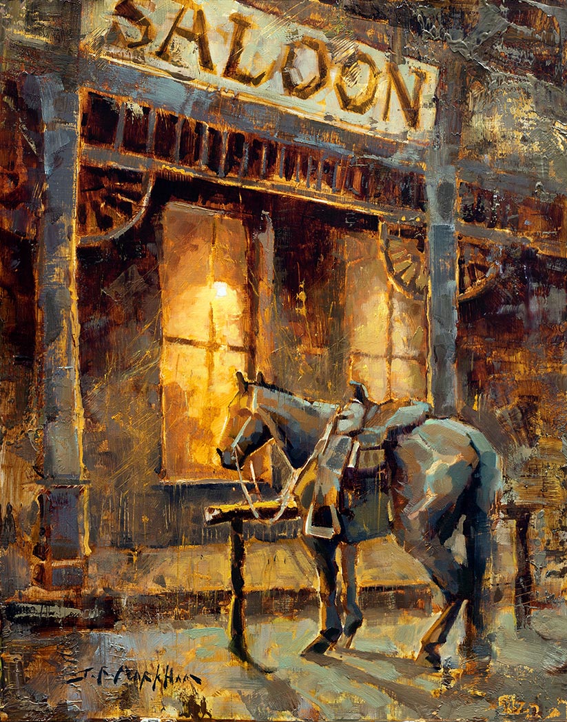 Designated Driver - Western art saloon at night painting by Jerry Markham artist