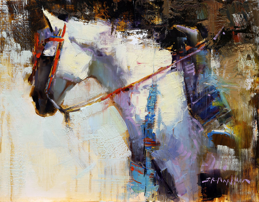 Elegant Equine - painting of a white horse with native regalia by artist Jerry Markham