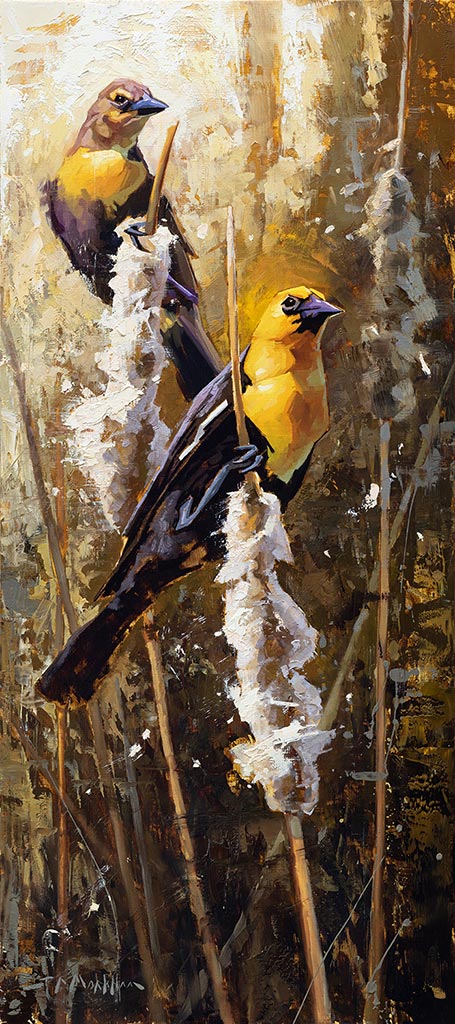 Eye Catcher painting of yellow-headed black birds by Jerry Markham artist