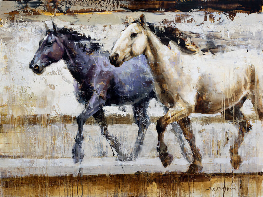 Painting of black and white horse running by Jerry Markham artist