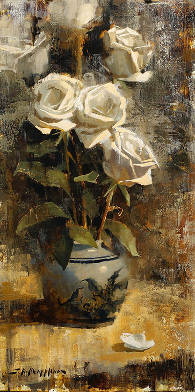 Ivory Petals - white roses floral painting by Jerry Markham artist