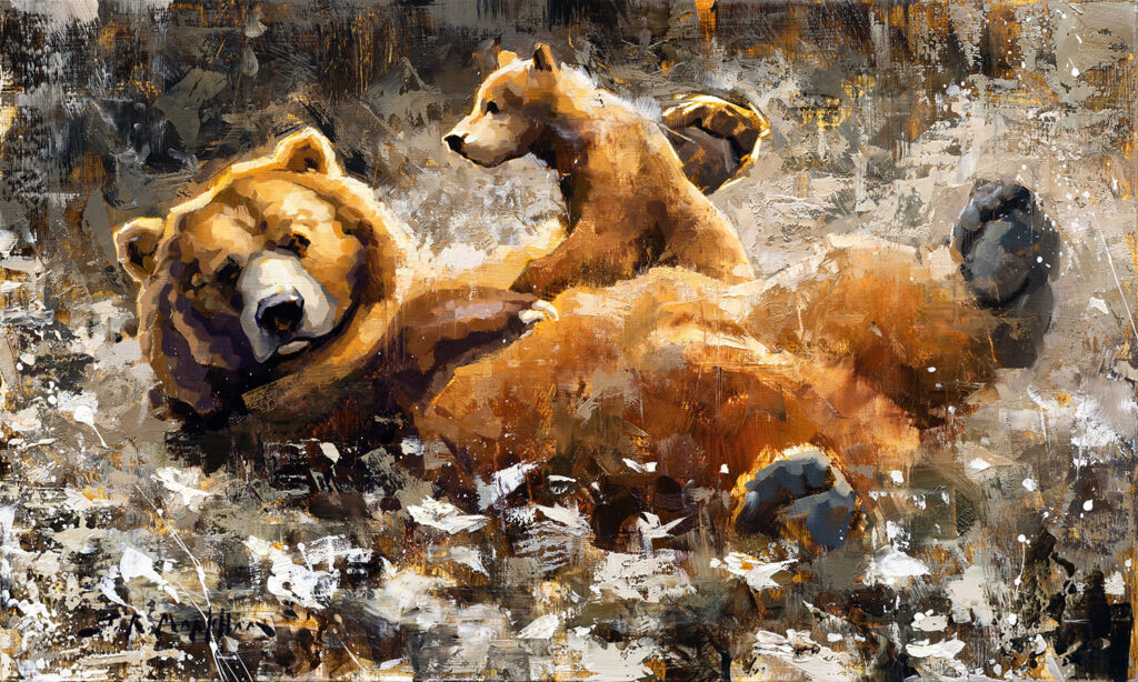 Joys of Motherhood - grizzly and cub painting by Jerry Markham artist