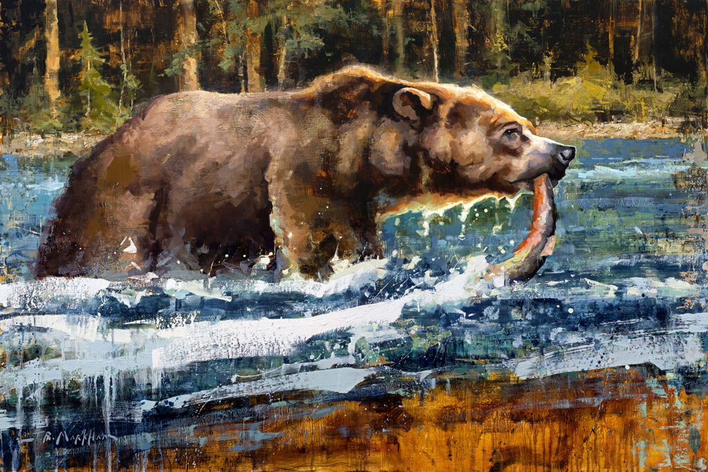 Snatching Supper - painting of a grizzly bear catching a fish by artist Jerry Markham