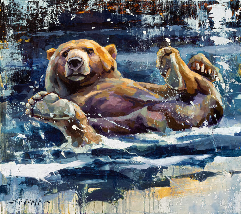 The Old Swimming Hole - painting of a grizzly bear playing in water by Jerry Markham artist