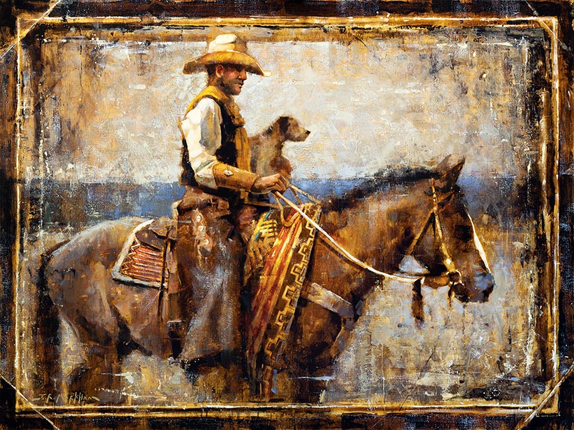 Three Amigos - western art original oil painting of a cowboy with his horse and dog by Jerry Markham artist