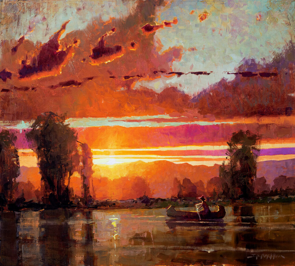 Tranquil Twilight - sunset painting of a canoe on a lake by Jerry Markham artist