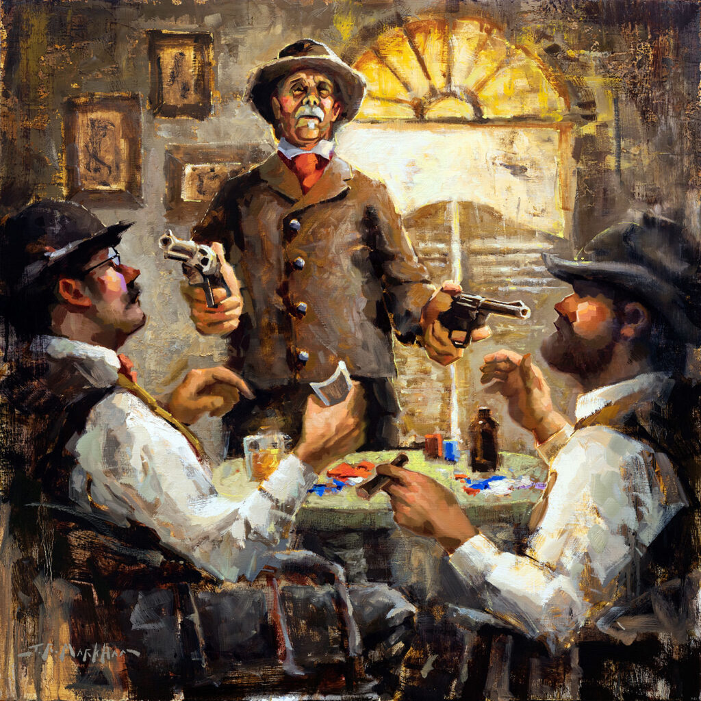 Fun's Over Fellas - western bar room scene painting by Jerry Markham artist
