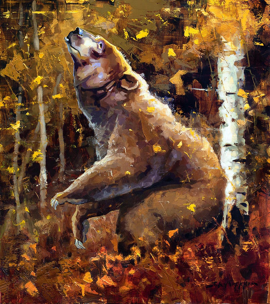 That's The Spot - Grizzly bear scratching on tree painting by Jerry Markham artist